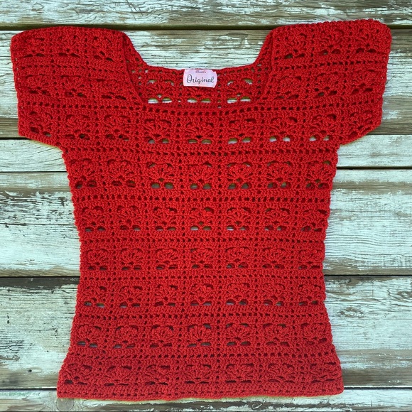 Vintage red crochet top, hollow knit, peek a boo retro shirt, Valentines, XS - Picture 1 of 14